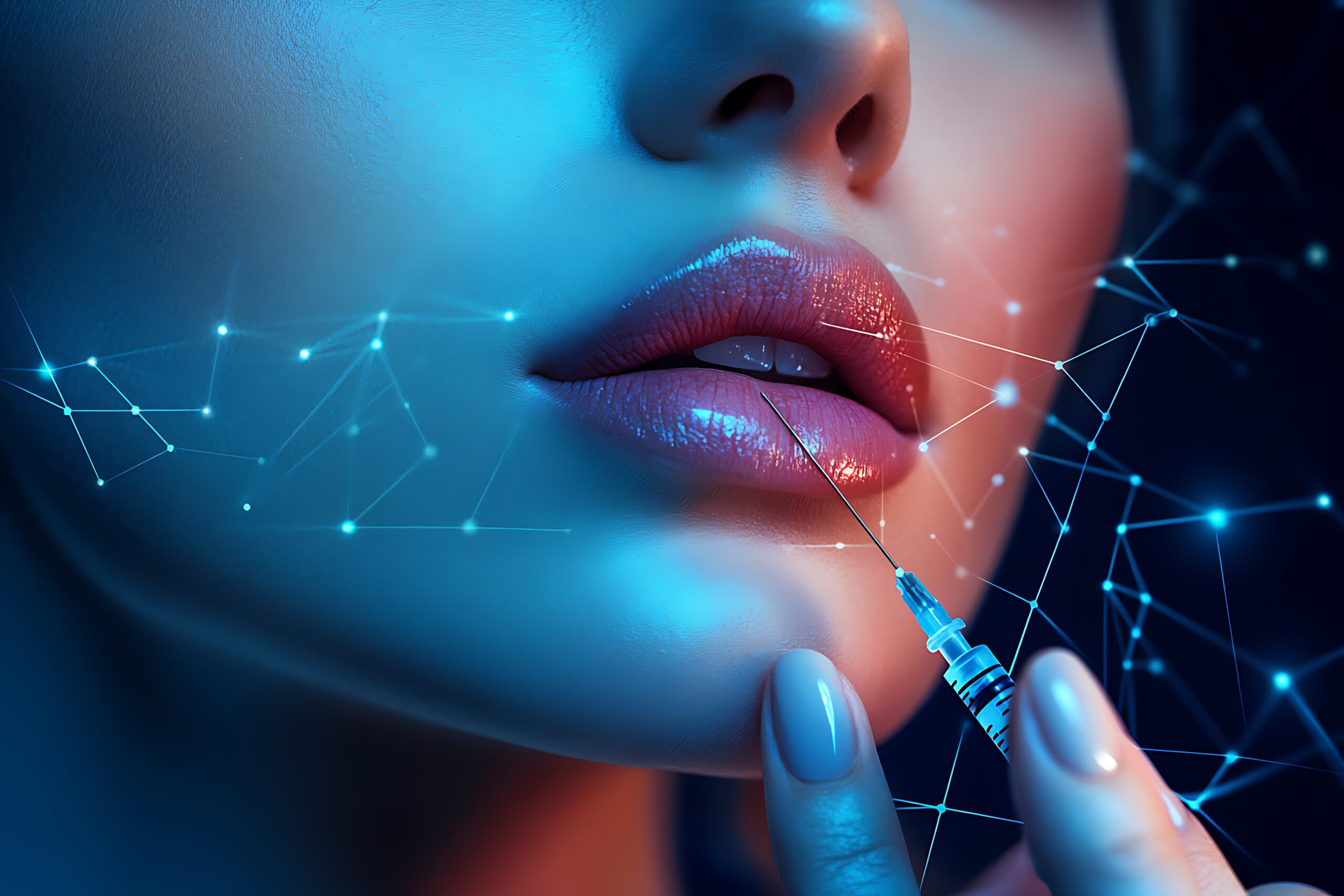 An abstract digital background featuring a close-up view of a female model's hand holding a needle for a lip filler treatment