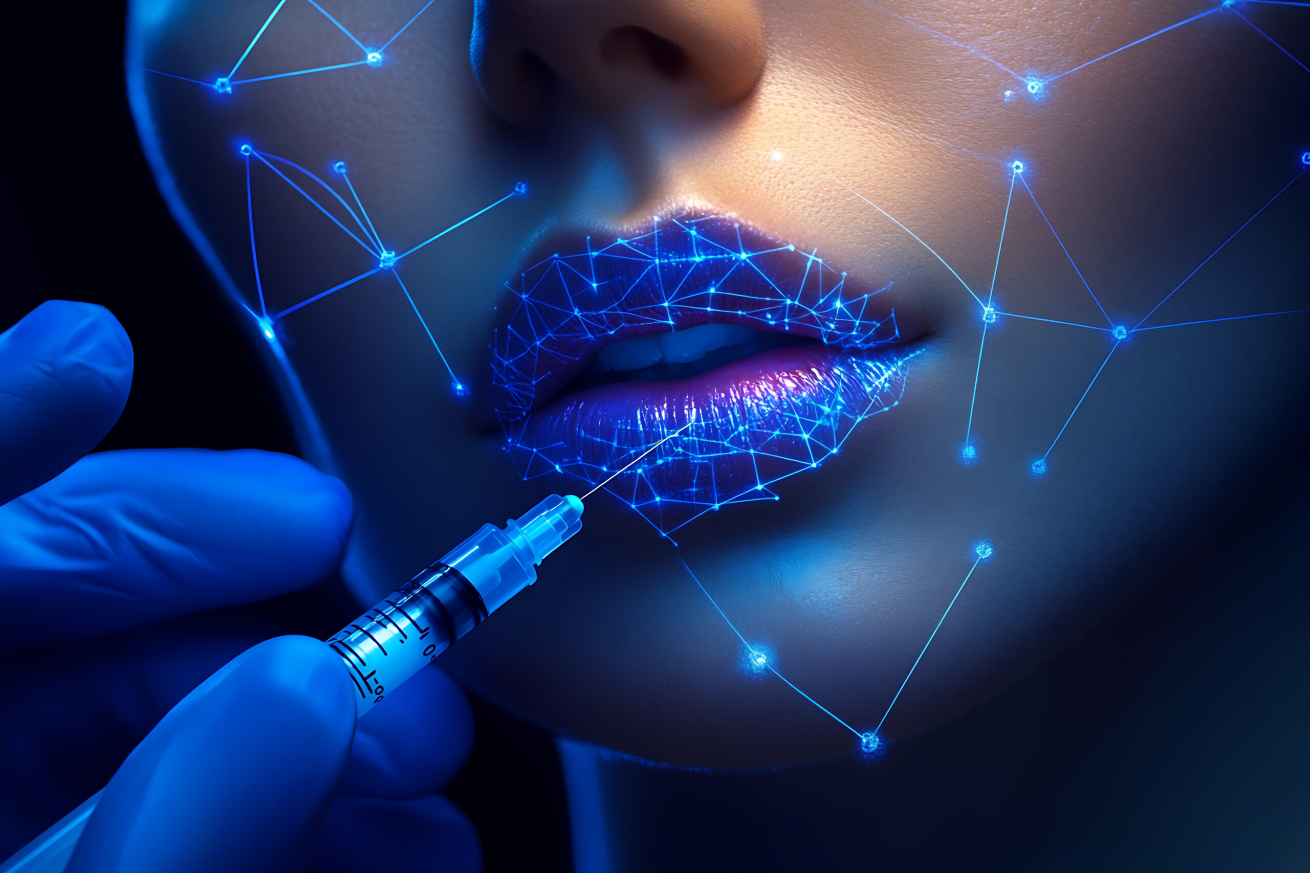 An abstract digital background featuring a close-up view of a female model's hand holding a needle for a lip filler treatment